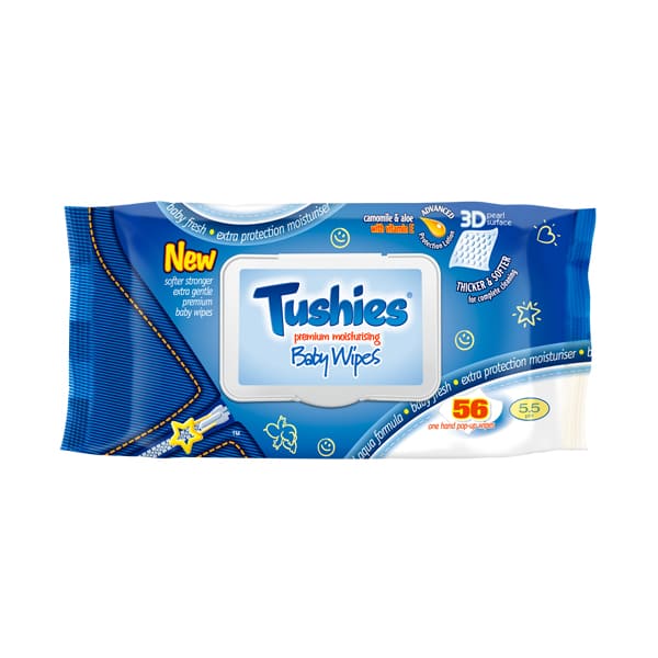 Tushies Baby Wipes Premium Mousturising - 56's - sassydeals.co.uk