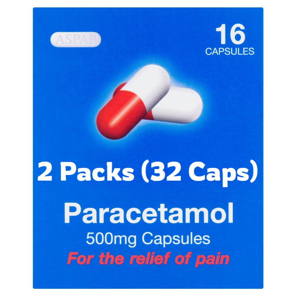 Aspar Paracetamol 500mg Capsules Headache/Migraine/Cold Flu/Pain - 32 Capsules - sassydeals.co.uk